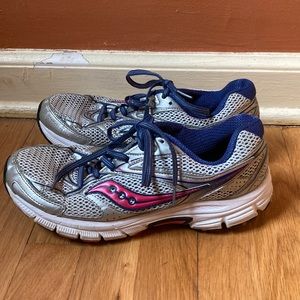 Saucony Grid silver mesh sneakers with purple laces